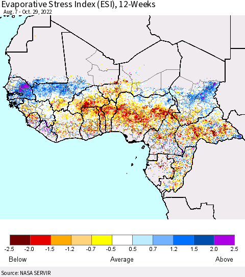 Western Africa Evaporative Stress Index (ESI), 12-Weeks Thematic Map For 10/24/2022 - 10/30/2022