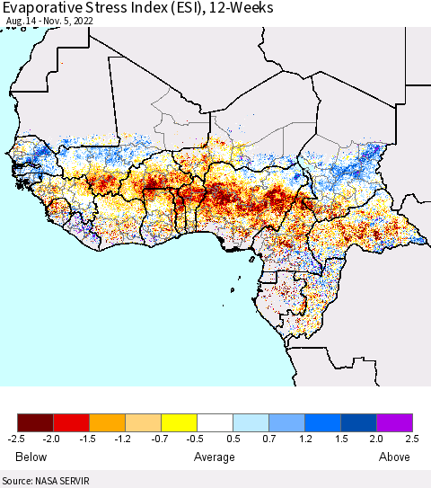 Western Africa Evaporative Stress Index (ESI), 12-Weeks Thematic Map For 10/31/2022 - 11/6/2022