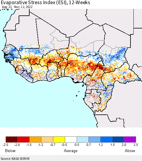 Western Africa Evaporative Stress Index (ESI), 12-Weeks Thematic Map For 11/7/2022 - 11/13/2022
