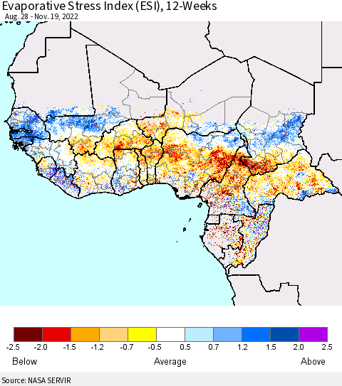 Western Africa Evaporative Stress Index (ESI), 12-Weeks Thematic Map For 11/14/2022 - 11/20/2022