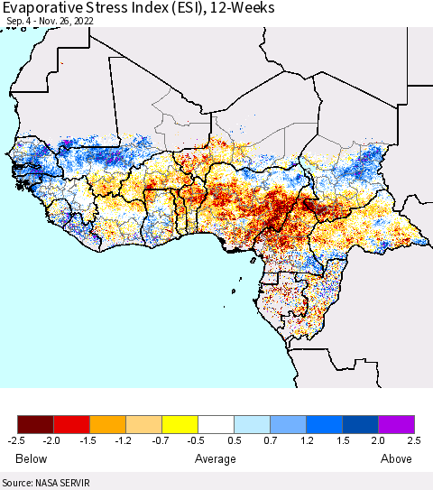 Western Africa Evaporative Stress Index (ESI), 12-Weeks Thematic Map For 11/21/2022 - 11/27/2022