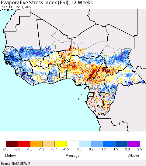 Western Africa Evaporative Stress Index (ESI), 12-Weeks Thematic Map For 11/28/2022 - 12/4/2022