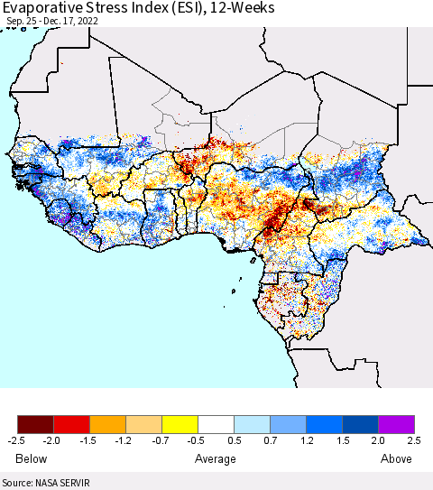 Western Africa Evaporative Stress Index (ESI), 12-Weeks Thematic Map For 12/12/2022 - 12/18/2022