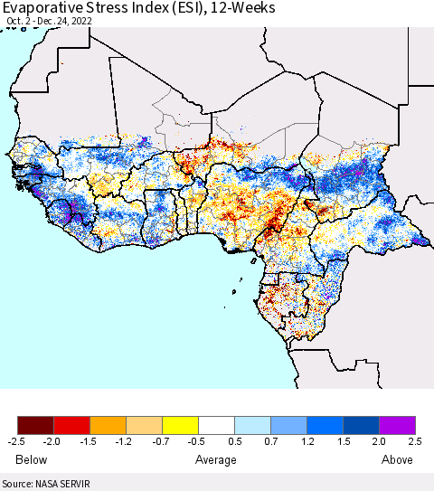 Western Africa Evaporative Stress Index (ESI), 12-Weeks Thematic Map For 12/19/2022 - 12/25/2022
