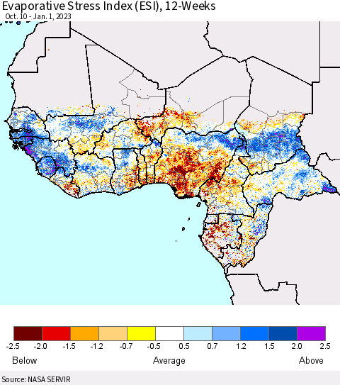 Western Africa Evaporative Stress Index (ESI), 12-Weeks Thematic Map For 12/26/2022 - 1/1/2023