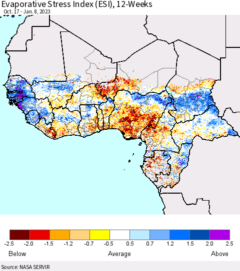 Western Africa Evaporative Stress Index (ESI), 12-Weeks Thematic Map For 1/2/2023 - 1/8/2023