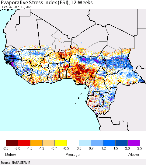 Western Africa Evaporative Stress Index (ESI), 12-Weeks Thematic Map For 1/9/2023 - 1/15/2023