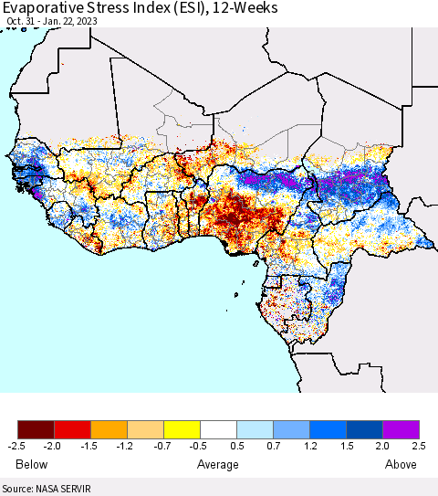 Western Africa Evaporative Stress Index (ESI), 12-Weeks Thematic Map For 1/16/2023 - 1/22/2023