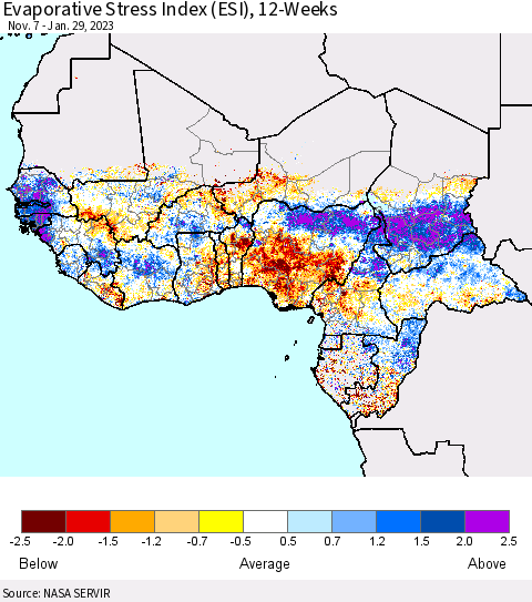Western Africa Evaporative Stress Index (ESI), 12-Weeks Thematic Map For 1/23/2023 - 1/29/2023