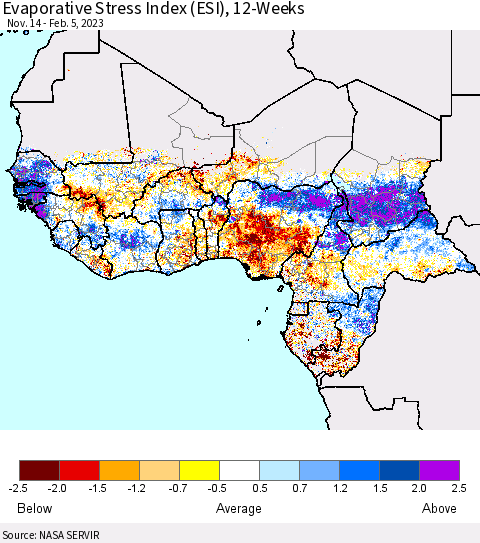Western Africa Evaporative Stress Index (ESI), 12-Weeks Thematic Map For 1/30/2023 - 2/5/2023