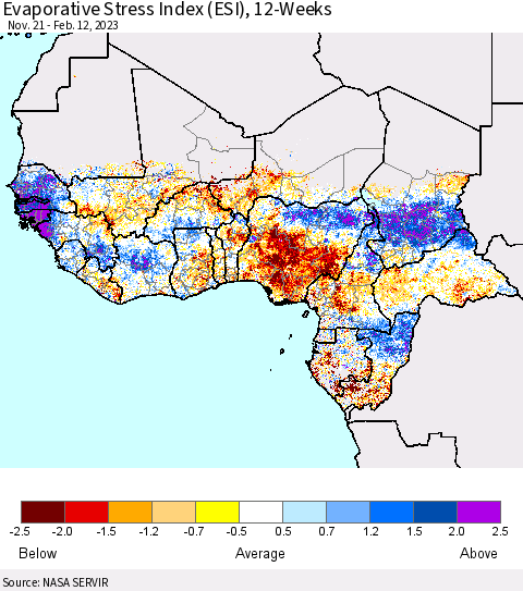 Western Africa Evaporative Stress Index (ESI), 12-Weeks Thematic Map For 2/6/2023 - 2/12/2023
