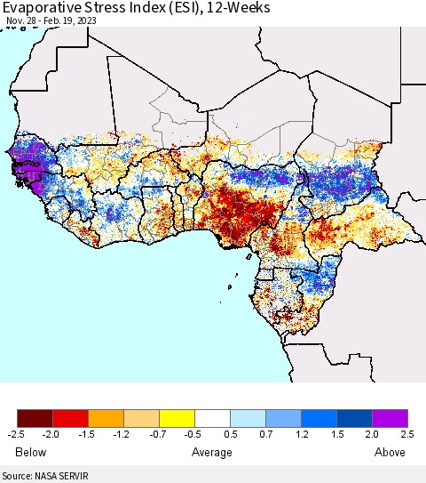 Western Africa Evaporative Stress Index (ESI), 12-Weeks Thematic Map For 2/13/2023 - 2/19/2023