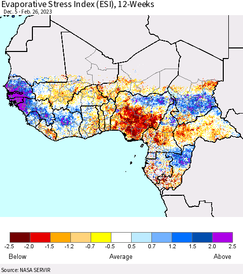 Western Africa Evaporative Stress Index (ESI), 12-Weeks Thematic Map For 2/20/2023 - 2/26/2023