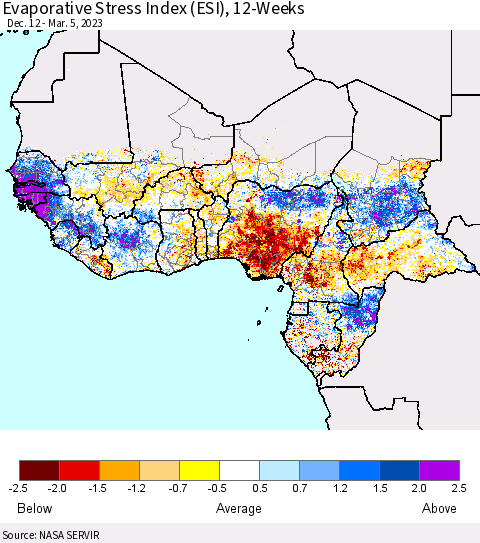 Western Africa Evaporative Stress Index (ESI), 12-Weeks Thematic Map For 2/27/2023 - 3/5/2023