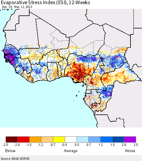 Western Africa Evaporative Stress Index (ESI), 12-Weeks Thematic Map For 3/6/2023 - 3/12/2023