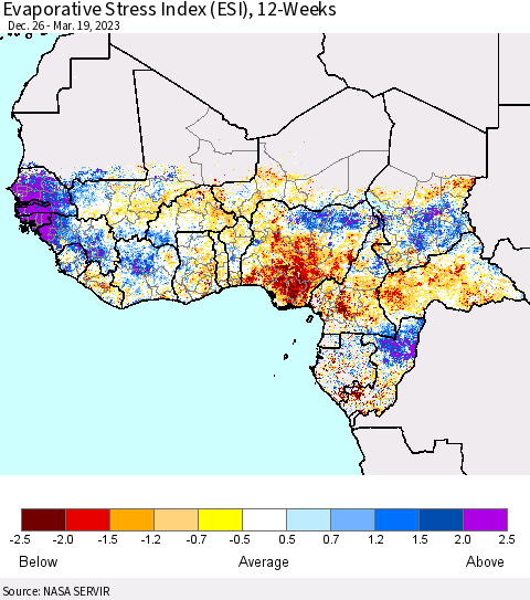 Western Africa Evaporative Stress Index (ESI), 12-Weeks Thematic Map For 3/13/2023 - 3/19/2023
