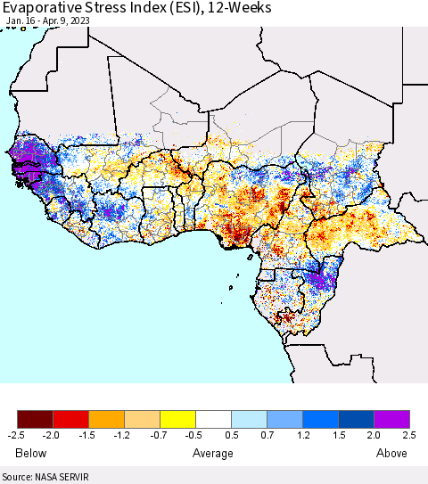 Western Africa Evaporative Stress Index (ESI), 12-Weeks Thematic Map For 4/3/2023 - 4/9/2023