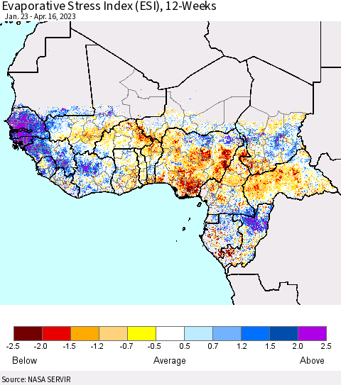 Western Africa Evaporative Stress Index (ESI), 12-Weeks Thematic Map For 4/10/2023 - 4/16/2023