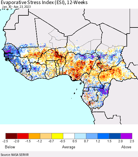 Western Africa Evaporative Stress Index (ESI), 12-Weeks Thematic Map For 4/17/2023 - 4/23/2023