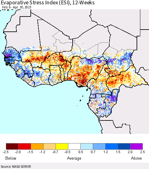 Western Africa Evaporative Stress Index (ESI), 12-Weeks Thematic Map For 4/24/2023 - 4/30/2023