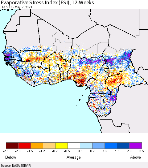 Western Africa Evaporative Stress Index (ESI), 12-Weeks Thematic Map For 5/1/2023 - 5/7/2023