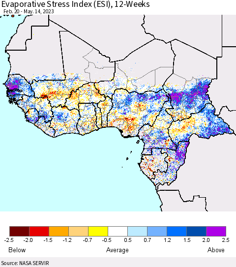 Western Africa Evaporative Stress Index (ESI), 12-Weeks Thematic Map For 5/8/2023 - 5/14/2023
