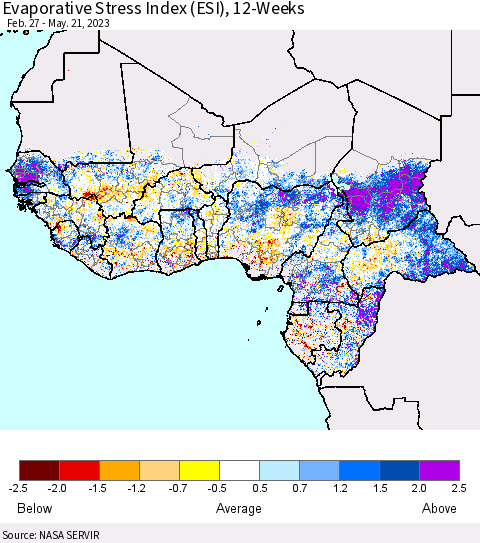 Western Africa Evaporative Stress Index (ESI), 12-Weeks Thematic Map For 5/15/2023 - 5/21/2023