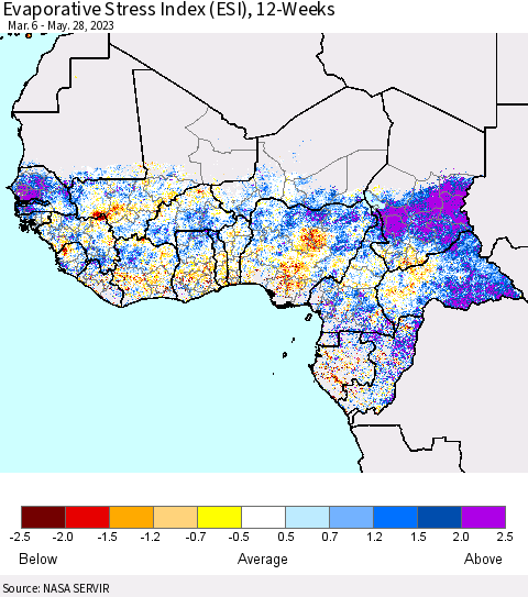 Western Africa Evaporative Stress Index (ESI), 12-Weeks Thematic Map For 5/22/2023 - 5/28/2023