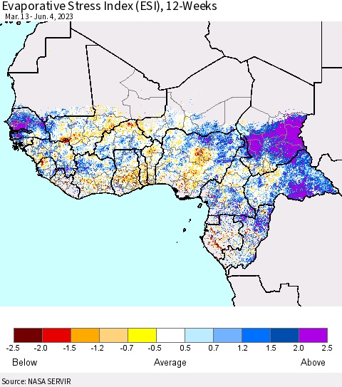 Western Africa Evaporative Stress Index (ESI), 12-Weeks Thematic Map For 5/29/2023 - 6/4/2023