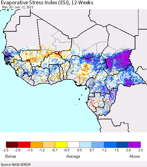 Western Africa Evaporative Stress Index (ESI), 12-Weeks Thematic Map For 6/5/2023 - 6/11/2023
