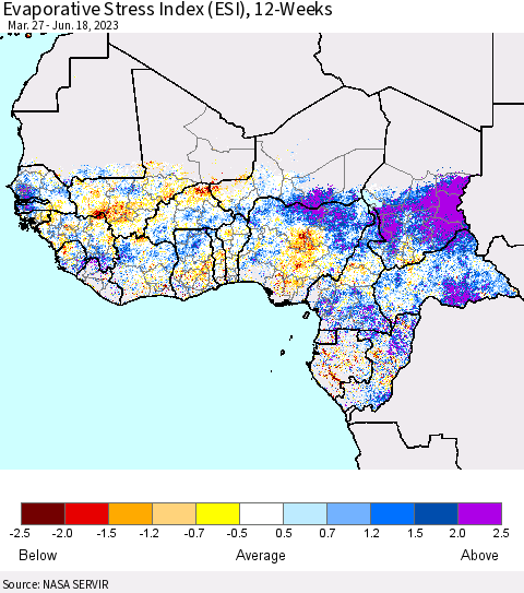 Western Africa Evaporative Stress Index (ESI), 12-Weeks Thematic Map For 6/12/2023 - 6/18/2023