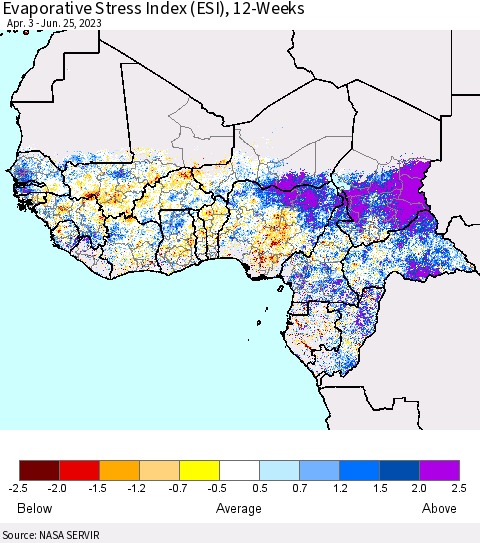 Western Africa Evaporative Stress Index (ESI), 12-Weeks Thematic Map For 6/19/2023 - 6/25/2023
