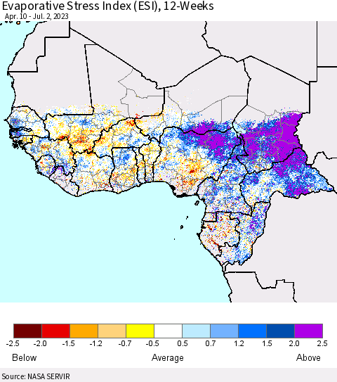 Western Africa Evaporative Stress Index (ESI), 12-Weeks Thematic Map For 6/26/2023 - 7/2/2023