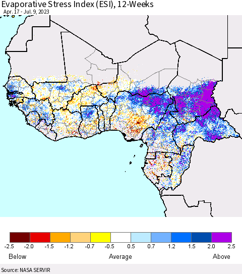 Western Africa Evaporative Stress Index (ESI), 12-Weeks Thematic Map For 7/3/2023 - 7/9/2023