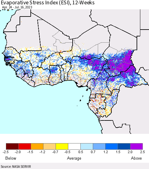 Western Africa Evaporative Stress Index (ESI), 12-Weeks Thematic Map For 7/10/2023 - 7/16/2023