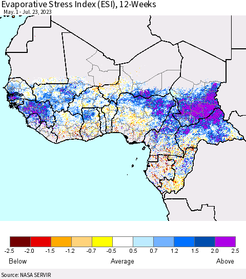 Western Africa Evaporative Stress Index (ESI), 12-Weeks Thematic Map For 7/17/2023 - 7/23/2023