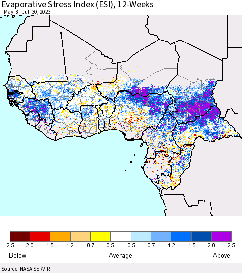 Western Africa Evaporative Stress Index (ESI), 12-Weeks Thematic Map For 7/24/2023 - 7/30/2023