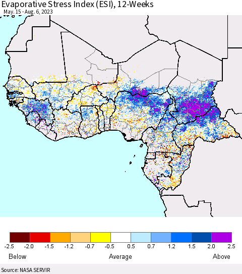 Western Africa Evaporative Stress Index (ESI), 12-Weeks Thematic Map For 7/31/2023 - 8/6/2023