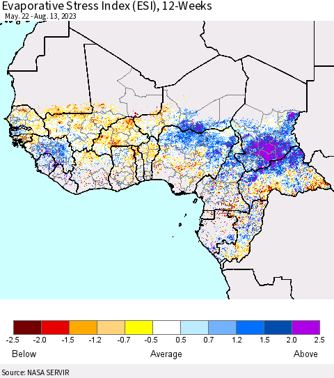Western Africa Evaporative Stress Index (ESI), 12-Weeks Thematic Map For 8/7/2023 - 8/13/2023
