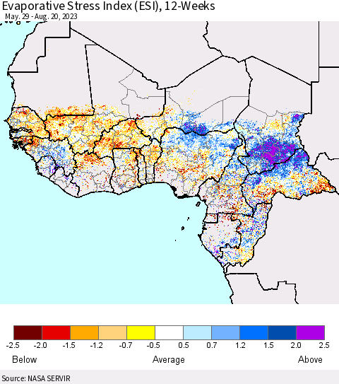 Western Africa Evaporative Stress Index (ESI), 12-Weeks Thematic Map For 8/14/2023 - 8/20/2023