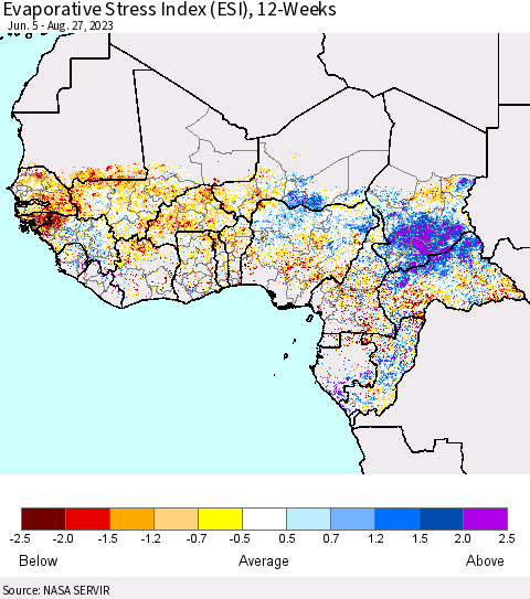 Western Africa Evaporative Stress Index (ESI), 12-Weeks Thematic Map For 8/21/2023 - 8/27/2023