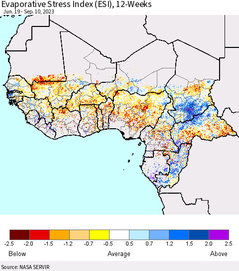 Western Africa Evaporative Stress Index (ESI), 12-Weeks Thematic Map For 9/4/2023 - 9/10/2023