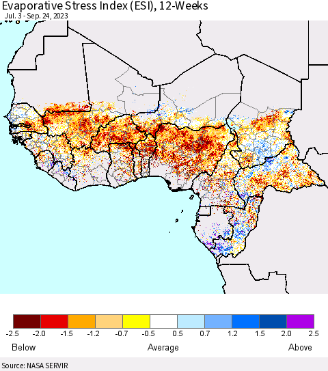 Western Africa Evaporative Stress Index (ESI), 12-Weeks Thematic Map For 9/18/2023 - 9/24/2023