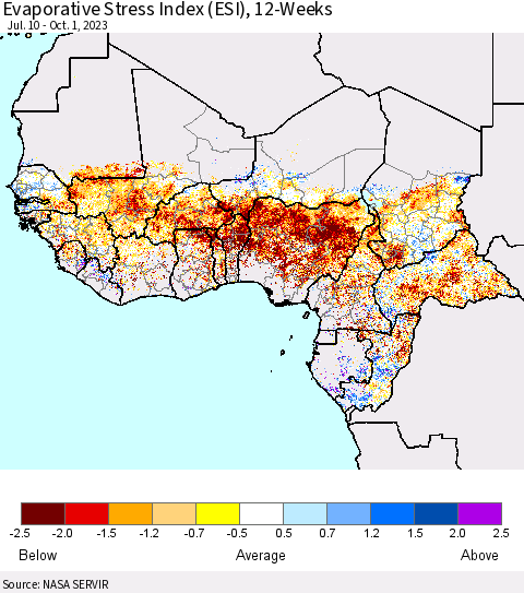 Western Africa Evaporative Stress Index (ESI), 12-Weeks Thematic Map For 9/25/2023 - 10/1/2023