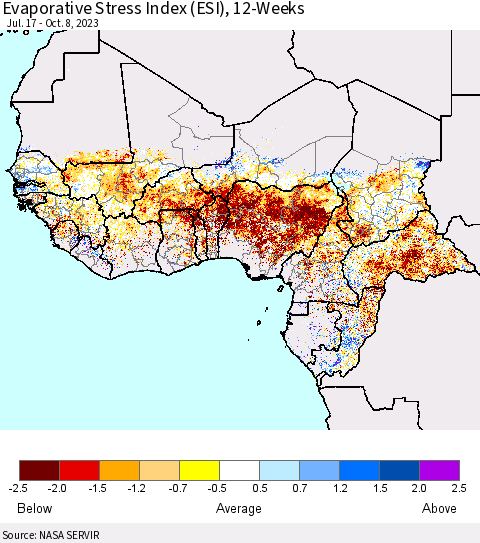 Western Africa Evaporative Stress Index (ESI), 12-Weeks Thematic Map For 10/2/2023 - 10/8/2023