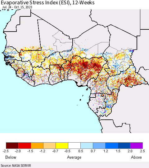 Western Africa Evaporative Stress Index (ESI), 12-Weeks Thematic Map For 10/9/2023 - 10/15/2023