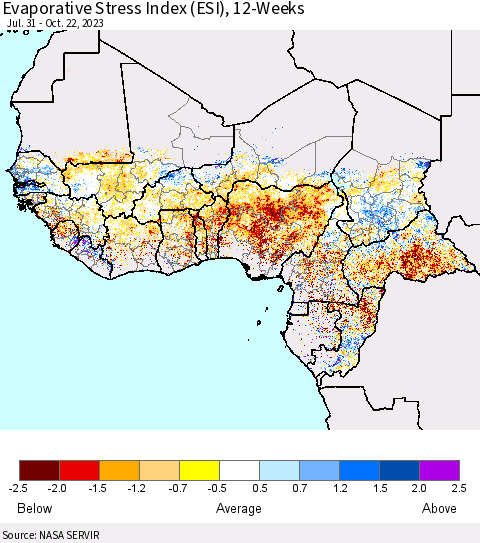 Western Africa Evaporative Stress Index (ESI), 12-Weeks Thematic Map For 10/16/2023 - 10/22/2023