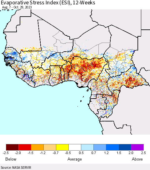 Western Africa Evaporative Stress Index (ESI), 12-Weeks Thematic Map For 10/23/2023 - 10/29/2023