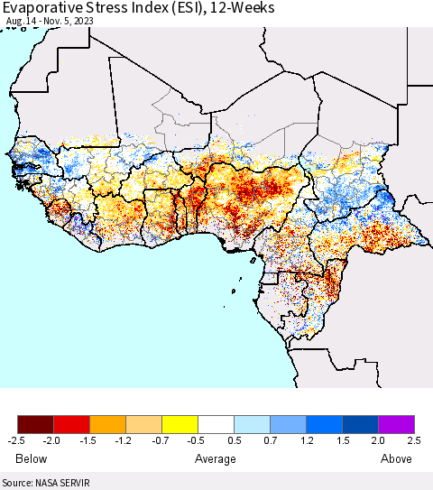Western Africa Evaporative Stress Index (ESI), 12-Weeks Thematic Map For 10/30/2023 - 11/5/2023