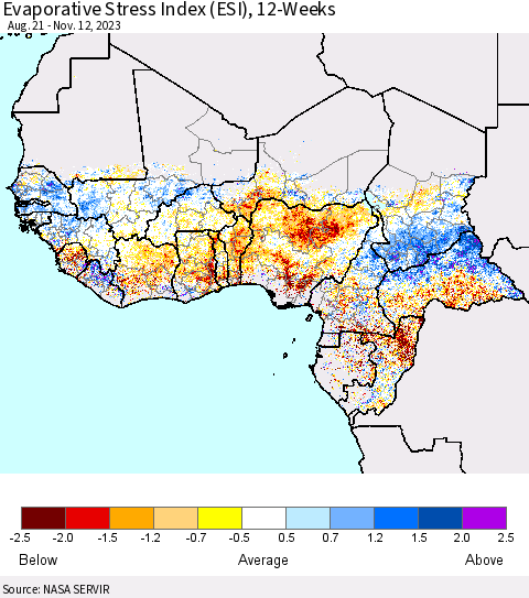 Western Africa Evaporative Stress Index (ESI), 12-Weeks Thematic Map For 11/6/2023 - 11/12/2023